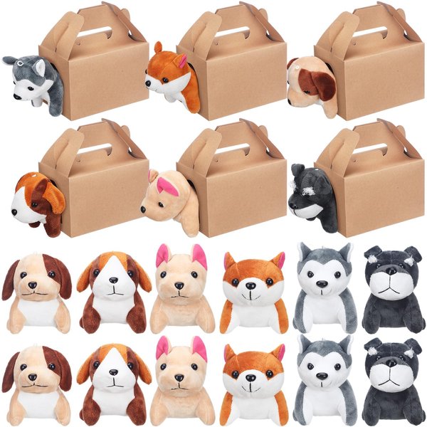 Fainne 12 Pcs Dog Party Favors Boxes with 12 Pcs Mini Plush Dog Set Puppy Treat Boxes Adopt A Puppy Party Favors Foldable Adopt Pet Gift Boxes Stuffed Animal for Dog Birthday Party Supplies Decoration