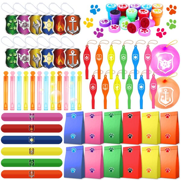 75PCS Dog Paw Party Favors Dog Paw Print Party Supplies Puppy Patrol Theme Pack Include Slap Bracelets、Paw Print Bubble Wands、Paw Stampers 、Punch Balloons、DIY Acrylic Keychain、Sticker、Goodie Bags
