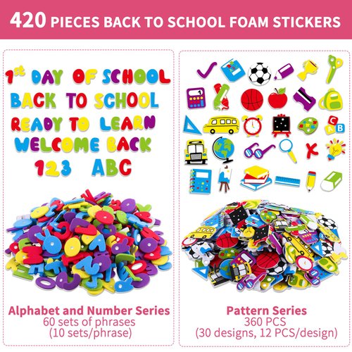 Fovths 420 Pieces Back to School Foam Stickers First Day of School DIY Foam Craft Kit Self-Adhesive Foam Stickers for Educational Activities Game Back to School Party Favors Decors