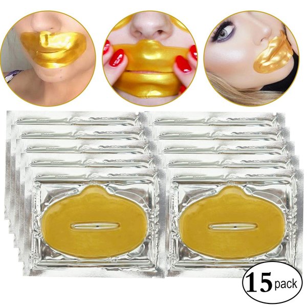 Kailisen KlsyChry 24K Gold Bio Collagen Crystal Lip Mask Gel Pads for Remove Lines, Moisturizing, Anti-Wrinkle, Anti-Aging, Nourishing & Hydrating Lip Plumper Treatment (15Pcs/Set)