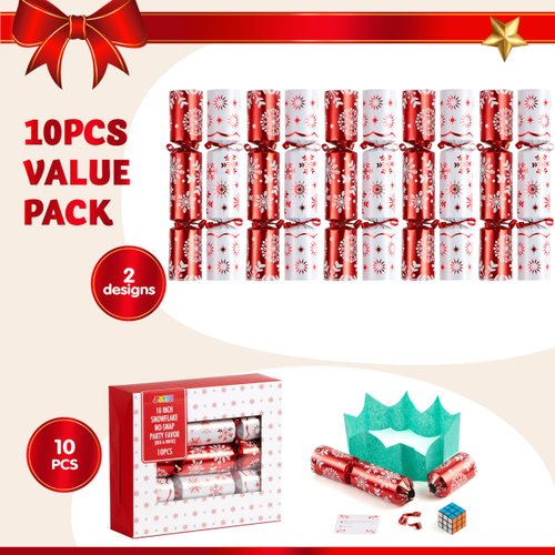 JOYIN 10 Pack Christmas No Snap Party Table Favor with Red & White Snowflake Design, with Party Hat, Joke & Little Gift Inside, for Xmas Gift, Christmas Seasonal Holiday Dinner Traditions