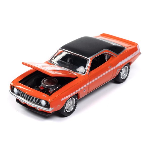 Round 2 1969 Chevy Camaro Hugger Orange with White Stripes Limited Edition to 2496 Pieces Worldwide Hobby Exclusive Series 1/64 Diecast Model Car by Johnny Lightning JLSP376