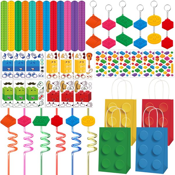 Erweicet Building Blocks Party Favor 72 PCS Slap Bracelet Temporary Tattoos DIY Sticker Keychain Plastic Straws Gift Bags for Kids Boys Birthday Party Baby Shower Classroom School Rewards