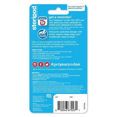 Steripod Clip-On Toothbrush Protector, Keeps Toothbrush Fresh and Clean, Fits Most Manual and Electric Toothbrushes, Pink and Blue, 2 Count (Pack of 1)