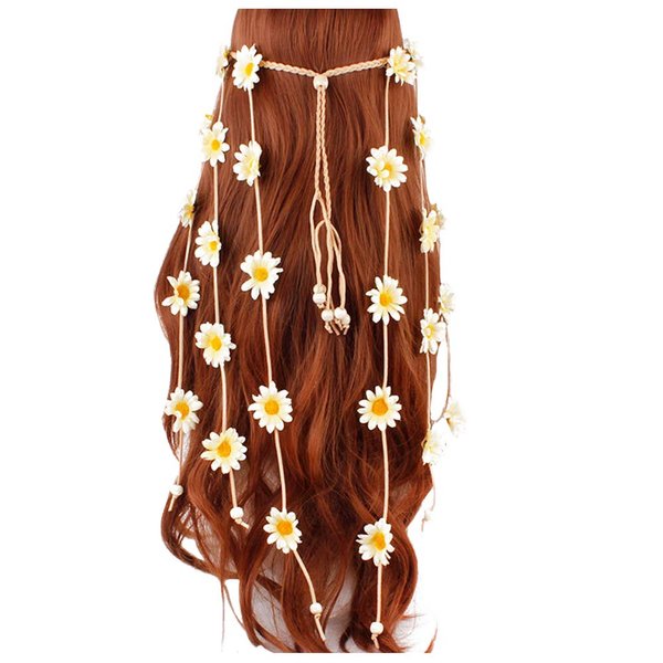 Sunflower Headband Flower Daisy Hippie Indian Boho Hair Bands Tassel Bohemian Floral Beads Halloween Hair Hoop Women Crown Hairband Party Decoration Cosplay Costume Headpiece Hair Accessories Beige