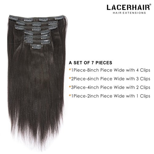 Lacer 10 inch Yaki Clip in Hair Extensions Human Hair, Natural Black Thick Light Yaki Straight Clip ins Remy Human Hair For Fashion Black Women with Relaxd Hair 120G 7Pieces