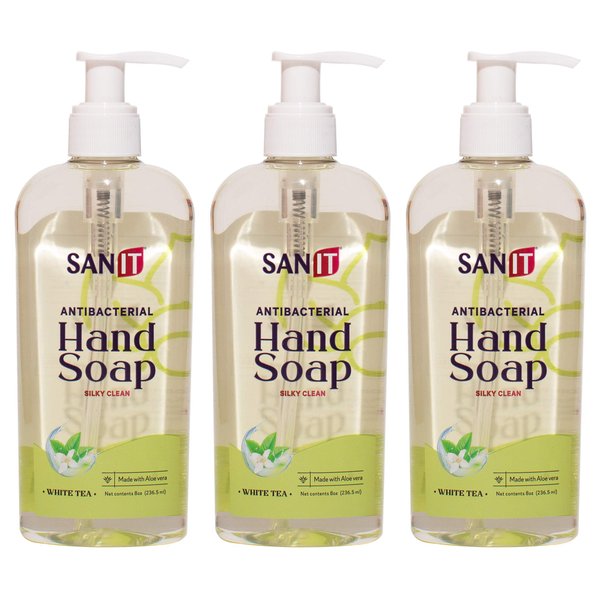 Sanit Silky Clean Antibacterial Liquid Gel Aromatic Hand Soap - Advanced Formula with Coconut Oil and Aloe Vera - Natural Moisturizing Hand Wash - Made in USA, White Tea, 8 oz, 3 Pack