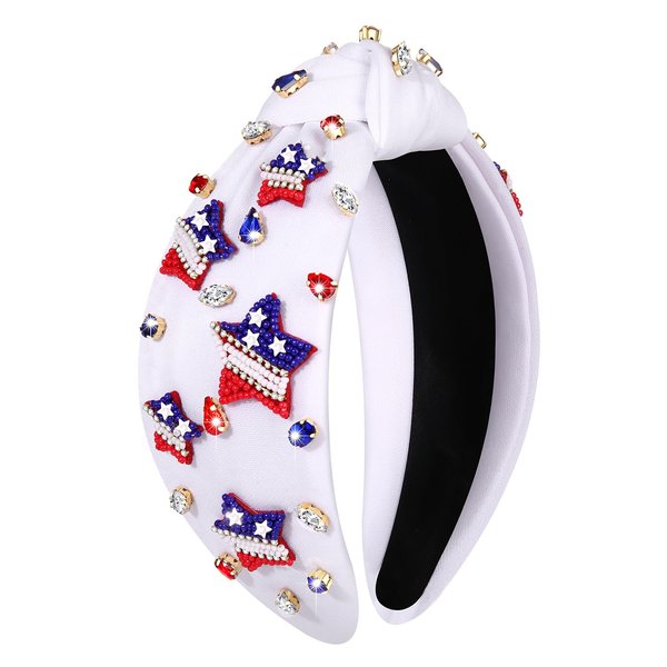 4th of July Headbands for Women American Flag Headband Patriotic Red Blue White Star Knotted Headband Embellished Rhinestone Wide Top Knot Headband 4th of July Hair Accessories Outfits Gifts (White)