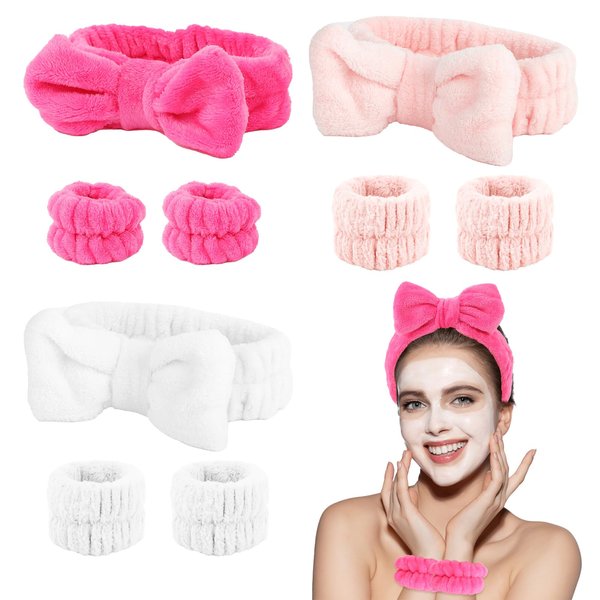 CAVETEE 9 Pcs Headbands for Kids, Towel Headband for Washing Face, Face Wash Wristband Set, Skincare Headband