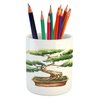 Ambesonne Garden Pencil Pen Holder, Watercolor Style Bonsai Hand Drawn Japanese Tree Eastern Nature Inspired Image, Ceramic Pencil Pen Holder for Desk Office Accessory, 3.6" X 3.2", Green Cocoa