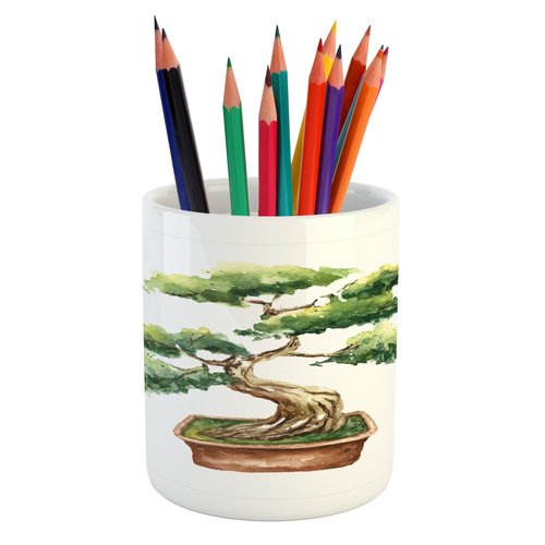 Ambesonne Garden Pencil Pen Holder, Watercolor Style Bonsai Hand Drawn Japanese Tree Eastern Nature Inspired Image, Ceramic Pencil Pen Holder for Desk Office Accessory, 3.6" X 3.2", Green Cocoa
