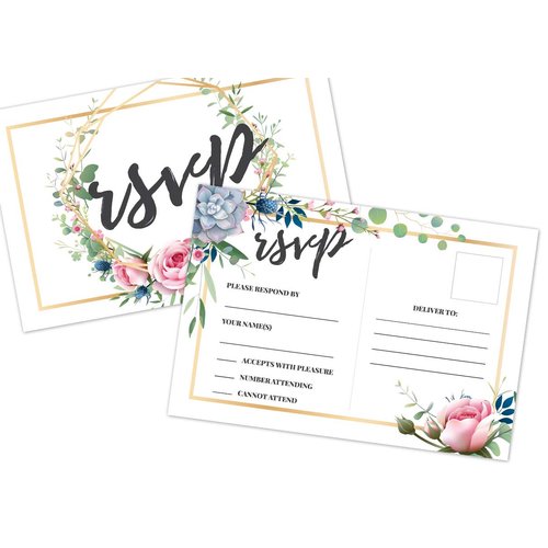50 RSVP Cards, Blank, No Envelopes Required, Flowers Printing Floral, Wedding, Rehearsal, Bridal Shower Invitation Save The Date A2