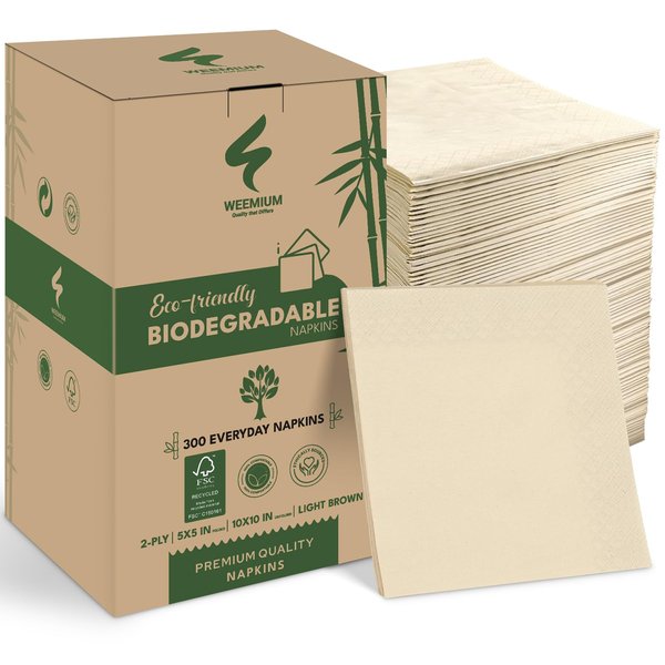 300 Pack 2-Ply Compostable Napkins - FSC Certified 5x5 Inch Folded Post Consumer Recycled Napkins - Highly Absorbent Eco friendly Napkins Disposable Biodegradable Paper Napkins for Dining and Events