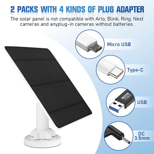 5W Solar Panel for Security Camera 2 Pack, 5V Solar Panel Charger with Micro USB, DC 3.5mm, USB & Type-C Port, IP65 Waterproof Solar Panel for Camera with 9.8ft Cable, 360° Adjustable Bracket