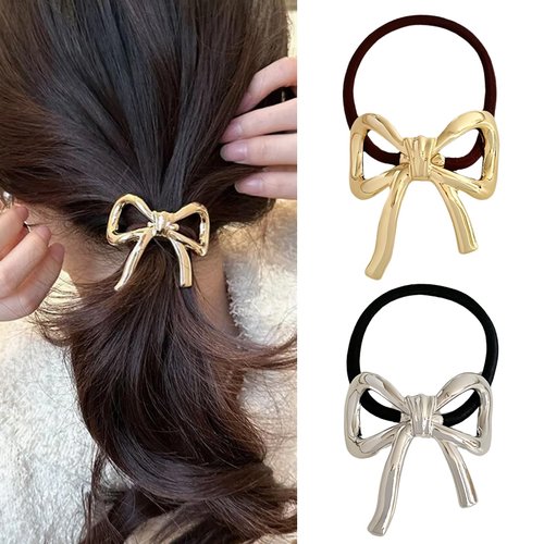 Hair Ties for Women Bowknot Hair Ties for Girls Elegant Elastics Rubber Hair Scrunchies for Long Thick Thin Curly Gold Silver Metal Hair Ties Ponytail Holder Hair Accessories for Hair Styling 2Pcs