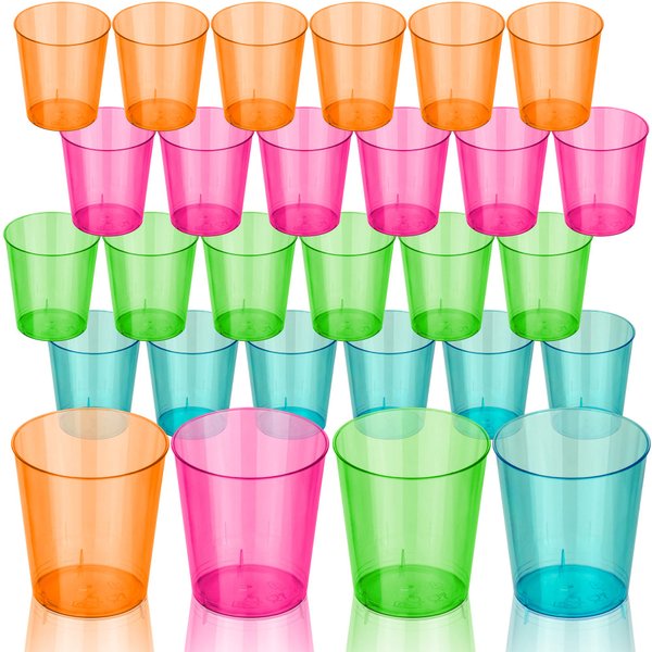 DecorRack 2 Oz Neon Shot Glasses, 24 Plastic Shot Cups, Disposable Party Cups, Mini Cups Shot Glasses (24 Pack)