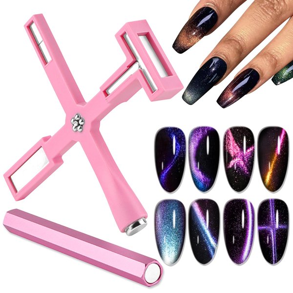 EBANKU Nail Magnet Tool, 5 in 1 Cat Eye Magnetic for Nails Multi-Function Double-Ended Hexagon Strong Nail Magnet Stick Nail Art Cat Eye Magnet Stick Nail Design Tools for Nail Salon Home DIY - Pink