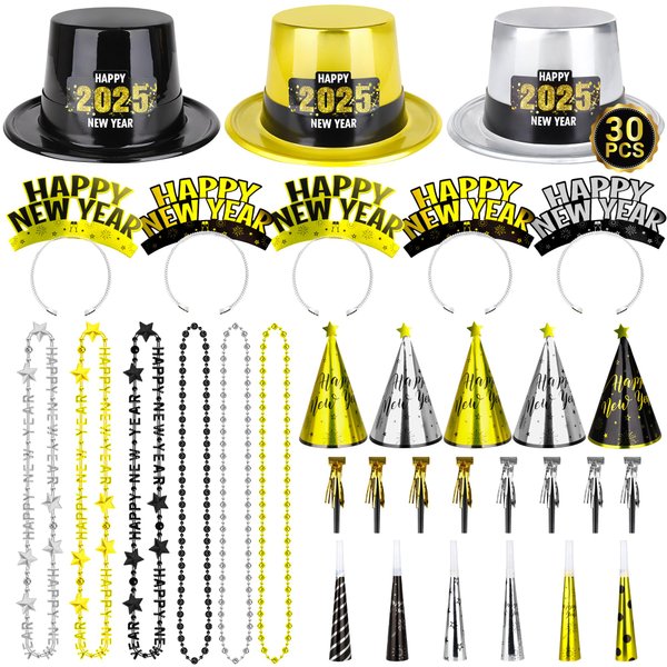 30PCS NYE Party Supplies, New Years Eve Party Favors 12 Guests, Plastic New Years Party Hats, 2025 NYE Headband Gold Silver Black Foil Blowouts Star Cone Hat Party Horns New Years Necklace Gathering