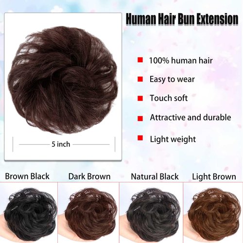 YOSILADY Messy Bun Hair Piece Human Hair Dark Brown Hair with Elastic Band Scrunchies Stretchy Fluffy Chignon Ponytail Hairpieces Updos for Women Girls (Dark Brown, Curly)