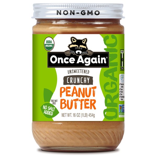Once Again Organic Crunchy Peanut Butter, 16oz - Salt Free, Unsweetened - USDA Organic, Gluten Free Certified, Vegan, Kosher - Glass Jar