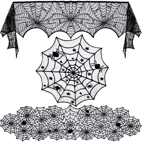 Tayfremn 3pack Halloween Decorations Set Halloween Tablecloth Black Lace Round Spider Cobweb Table Cover Fireplace Mantel Scarf Spiderweb Fireplace Scarf for Halloween Party