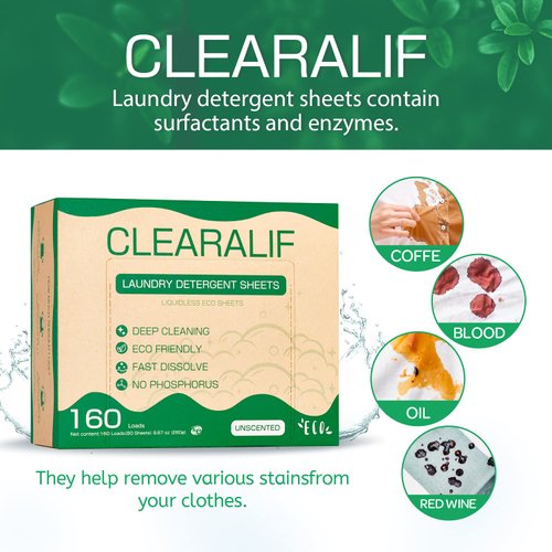 CLEARALIF Laundry Detergent Sheets up to 160 Loads (80sheets), Unscented, Laundry Detergent Strips Eco Friendly & Hypoallergenic
