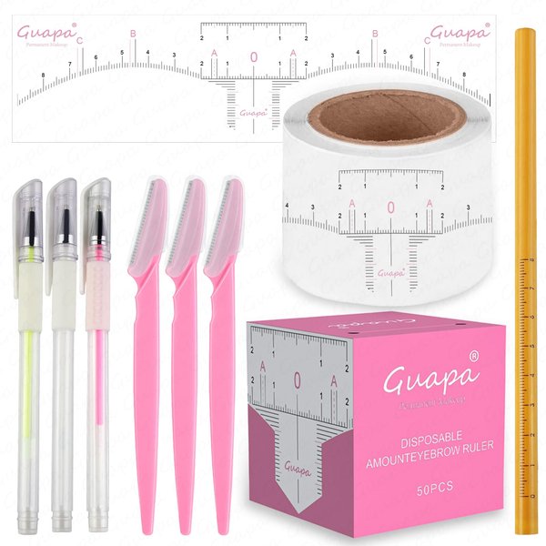 Guapa 8PCS Makeup Tools – Disposable Eyebrow Ruler Stickers Stencil for Microblading - 3 Tattoo Marker Pens, 3 Eyebrow Trimmers, and 1 Wooden Eyebrow Pencil with Scale for Tattooing and Brow Makeup