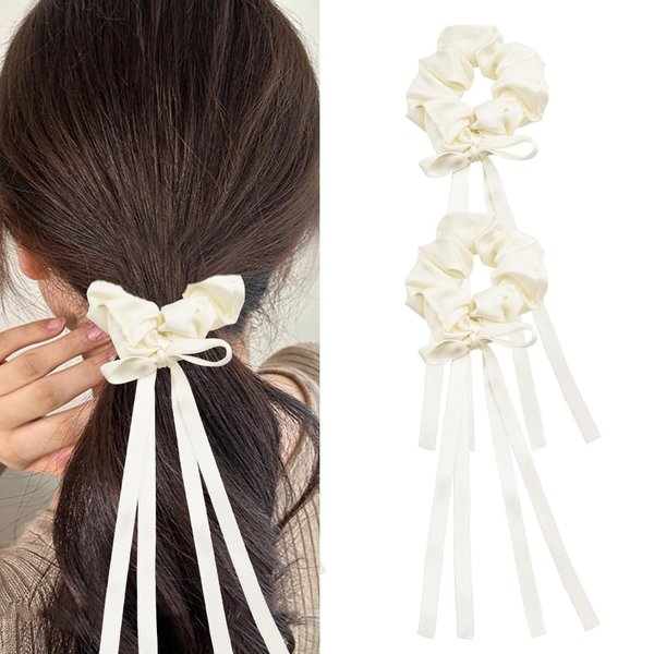 Scrunchy Hair Ties Hair Bow Ribbons for Women Girl White Bow Hair Scrunchies Hair Ties with Bows Ponytail Holders for Women Hair Bow Ties Long Silk Ribbon Bow Knot Hair Scrunchies 2Pcs