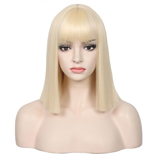 WildCos Short 14 Inches Colorful Bob Wigs Heat Resistant Fiber Synthetic Wigs Straight Hair With Bangs for Women (Blonde)