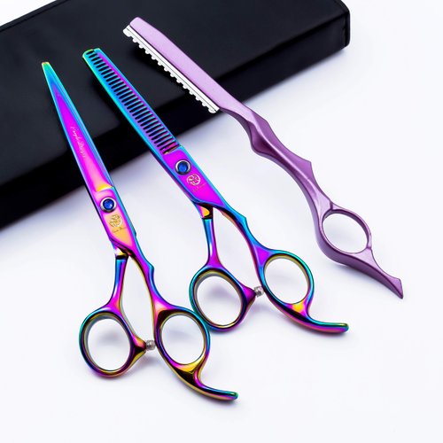 6.0 inch Multicolor Hair Cutting Scissors Set with Razor, Leather Scissors Case, Barber Hair Cutting Shears Hair Thinning/Texturizing Shears for Professional Hairdresser or Home Use