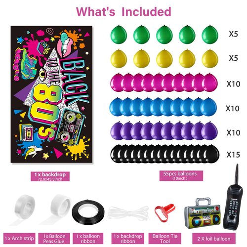 80s 90s Party Decorations 80's 90's Party Bundle Includes Inflatable Radio Boombox and Mobile Phone, 6 x 3.6 Ft Back to The 80's or 90's Backdrop and 55 Pieces Balloons, 80s 90s Party Supplies (80s)