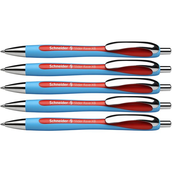 Schneider Slider Rave XB (Extra Broad) Ballpoint Pen, Refillable + Retractable, 1.4 mm, Light Blue Barrel, Red Ink, Box of 5 Pens (132502)