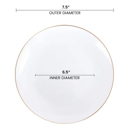 Disposable Plastic Plates with Rim Design, Organic Round Dinnerware Bulk Order for Wedding, Birthday & All Occasions (White with Gold, 7.5" Salad Plates (120 Plates))