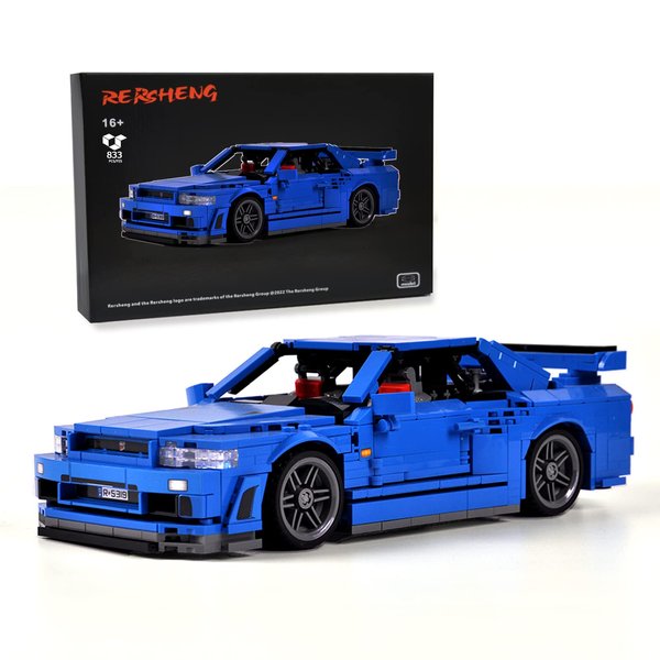 Rersheng Initial-d GTRS R34 Sport car MOC Technology Building Kits and Construction Toy, Adult Collectible Model Cars Set to Build, 1:14 Scale JDM Car Model(833 Pcs)