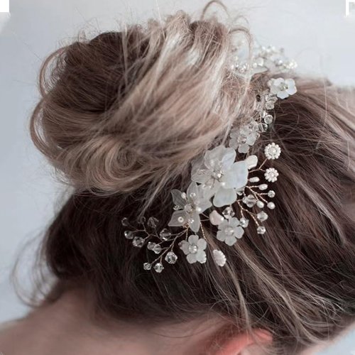 CASOLVX Bridal Ceramic Flower Hair Comb Crystal Headside Comb Set Rice Bead U-shaped Hairpin Wedding Accessories for Bride and Bridesmaids 3PCS