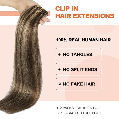 XDhair Clip In Hair Extensions Remy Human Hair Medium Brown #4 Mixed to Caramel Blonde #27 Clip In Real Hair Silk Stright 120g 6Pcs (#4P27,18Inch)