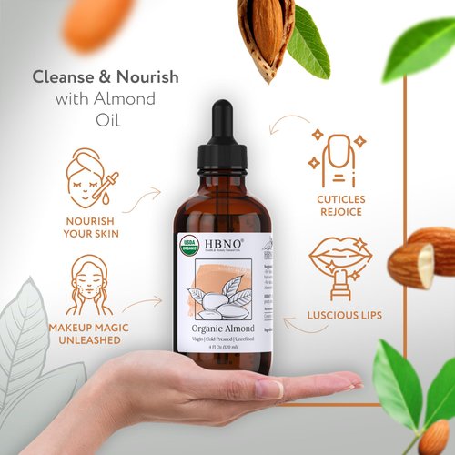 HBNO Organic Almond Oil - 4 OZ (120 ml) Value Size - Natural Almond Oil, Cold Pressed - Perfect Carrier Oil for Massage, Aromatherapy, DIY, Soap Making, Face, Body, Lips, Hair, Nails