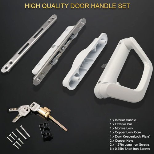 ALLYWASAI Sliding Patio Door Handle Set with Mortise Lock, Suitable for Sliding Glass Patio Door Thickness from 0.9in to 1.4in, 4-15/16" Screw Holes, Need to Drill, Reversible Design, Keyed, White