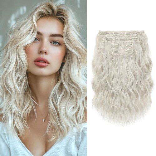 Hair Extensions, KUIRAN Clip in Hair Extensions 12" Short Curly Wavy Blonde Hair Extensions 4PCS Hair Extensions Invisible Lace Weft Natural Soft Hairpieces for Women - White Blonde