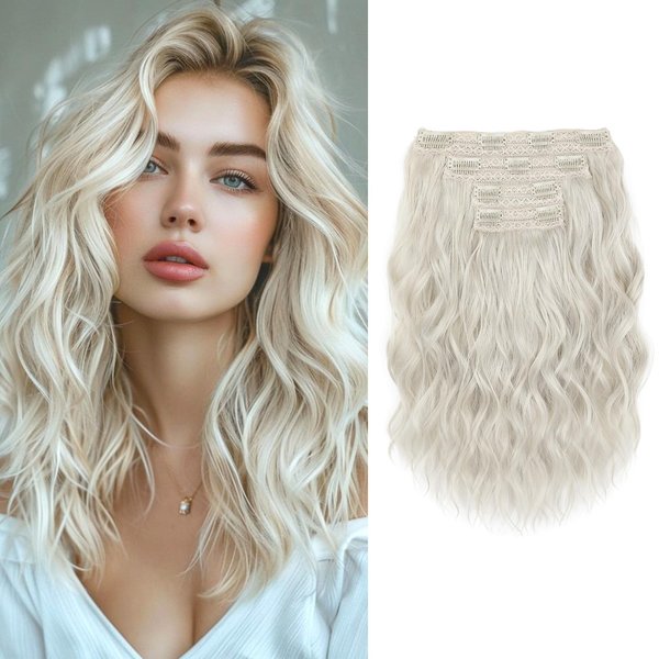 Hair Extensions, KUIRAN Clip in Hair Extensions 12" Short Curly Wavy Blonde Hair Extensions 4PCS Hair Extensions Invisible Lace Weft Natural Soft Hairpieces for Women - White Blonde