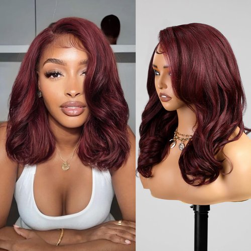 KOME Burgundy Synthetic Lace Front Wig,Body Wave Pre Plucked Ready to Wear Wigs,HD Glueless 13X5X1 Lace Front Wigs for Women,Shoulder Length Wigs for Daily Use Hair Wig 18inch
