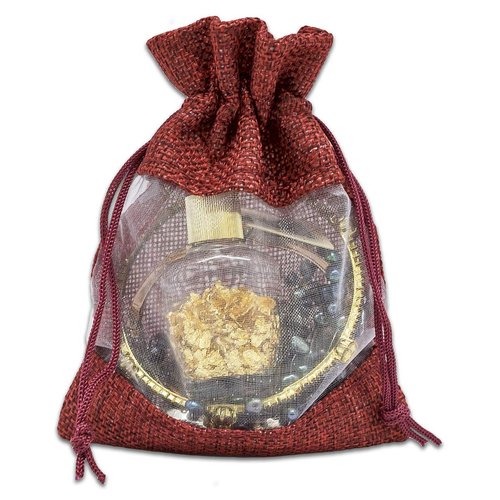 TheDisplayGuys - 48-Pack 3.5x5.5 Linen Burlap & Sheer Organza Gift Bag with Drawstring for Party Favors, Presents, Samples & Treats Mesh Pouch (Maroon, Small)