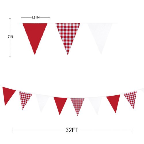 32Ft Red Party Decorations Red Plaid Checkered White Triangle Flag Gingham Pennant Bunting Fabric Garland for Christmas Wedding Birthday Carnival Picnic X-mas Outdoor Home Party Festivals Decoration