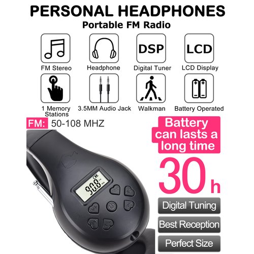 HanRongDa Radio Headphones Portable Stereo FM Radio with Best Reception, DSP Digital Personal Wireless Headset with Preset Stations, AA Battery Operated for Walking, Traveling, Jogging HRD-600