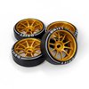 Abendor 10 Spoke Rc Drift Wheels &Tires for 1/24 1/28 Wltoys, [2N+2W] 4 Pcs Aluminum Alloy Rims with Rc Drift Car Tires for 1/24 1/28 Mini-Q HGD1 HGV1 Upgrade Parts (Gold with Logo Tires)