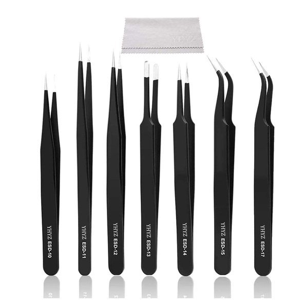 YHYZ 7pcs Precision Tweezers Set, Premium Anti-Static Stainless Steel ESD Tweezers Set Kit for Electronics, Sodlering，Jewelry, Craft, Laboratory Work, DIY(7PCS, Version)