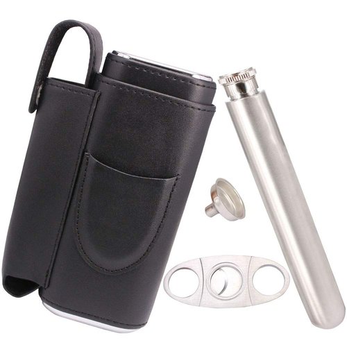 AMANCY Handy Cedar Wood Lined 2 Holder Black Cigar Case Flask Set with 2 Oz Stainless Steel Flask and Cutter