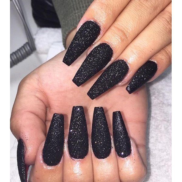 Black Press On Nails Coffin - Aegenacess Press On Nails Long with Glue Stickers, Glitter Stick On Nails for Women, Light Weight Glue On Nails in 12 Sizes, 24pcs Fake Nail Kit