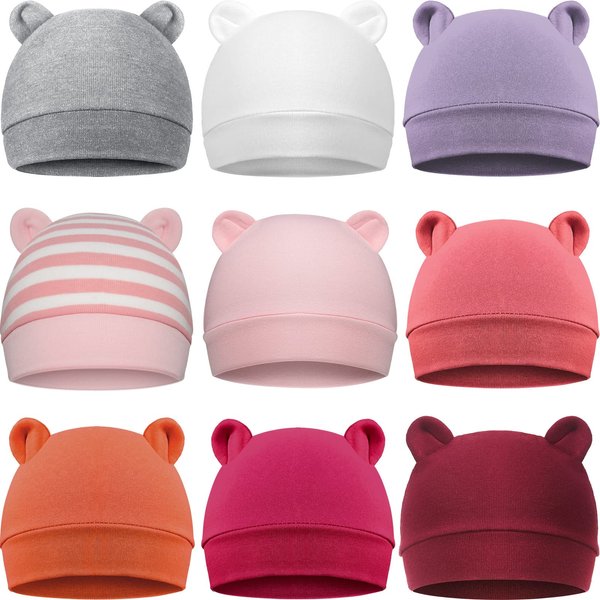 Geyoga 9 Pieces Newborn Baby Hat Bear Ears Infant Caps Baby Boy Girl Toddler Hats Beanie Caps (2 Ears) (Stylish Colors, 2 Ears)