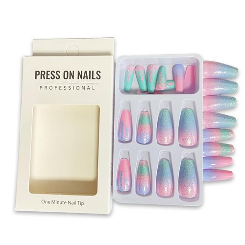 Press on Nails Medium Coffin Fake Nails with Glue Macaron Color Gradient Designs False Nails Glitter Full Cover Stick on Nails Reusable Acrylic Artificial Nails Glue on Nails for Women 24Pcs